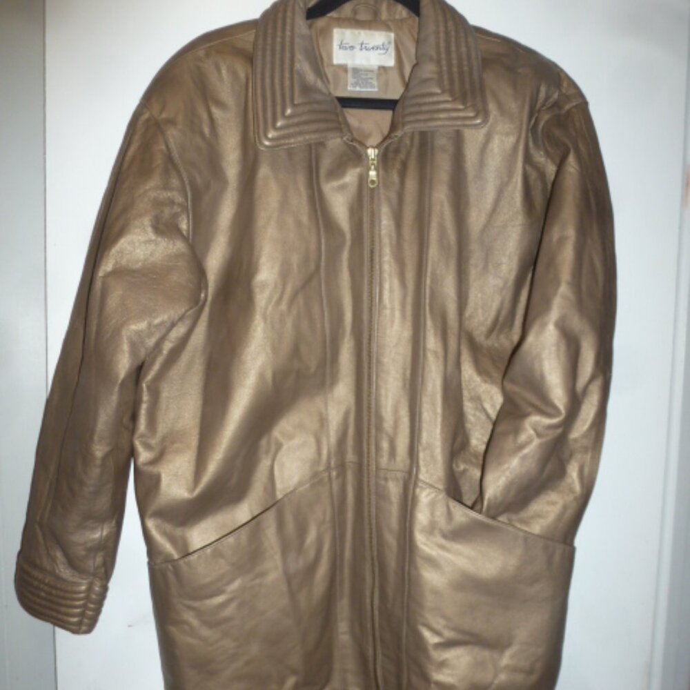 Vintage  Genuine Leather Beige Gold Women's Zipper Jacker Coat Size L